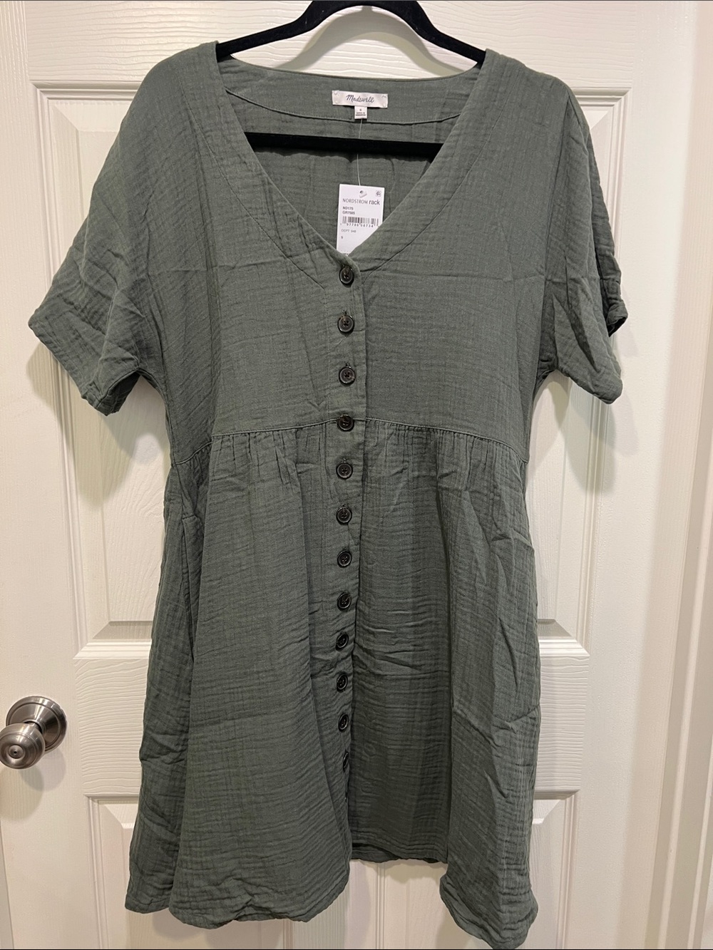 Madewell Sage Green Button-Front V-Neck Gauze Dress Size S